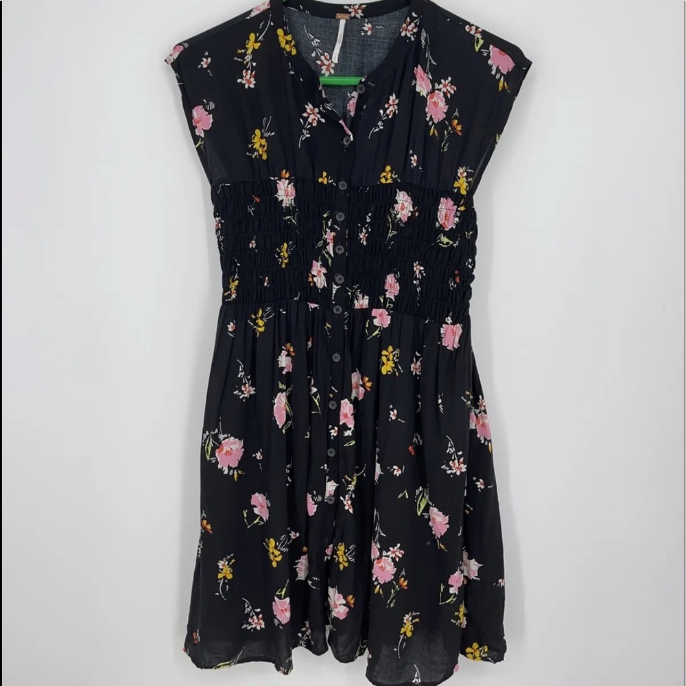 FREE PEOPLE Black Floral Print Button Down Dress Size Small
